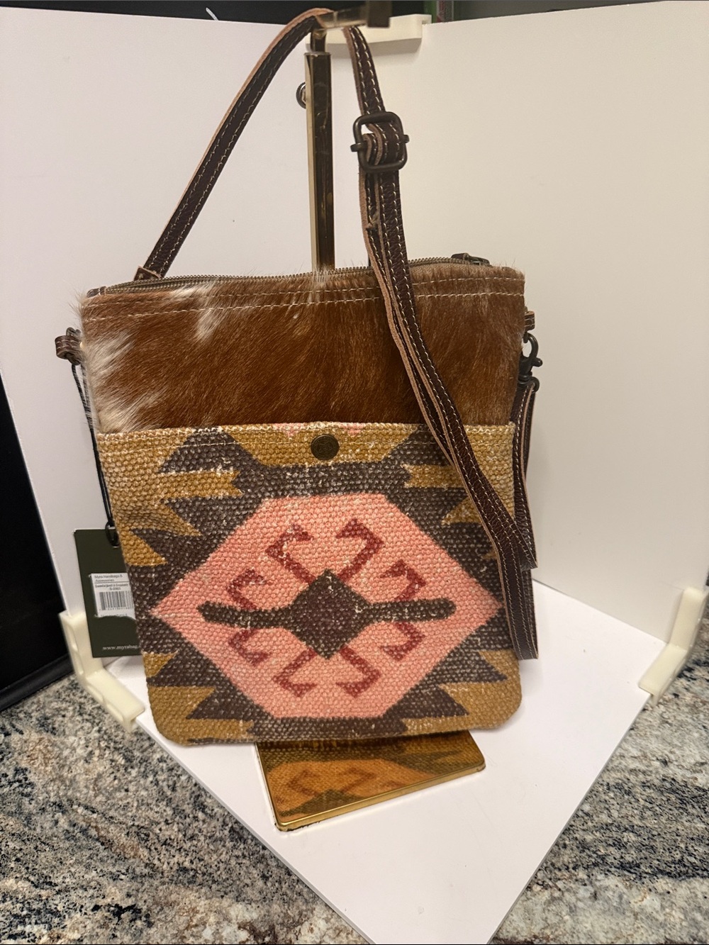 Myra Woven Aztec Crossbody Bag with Brown Haircalf Trim. NWT